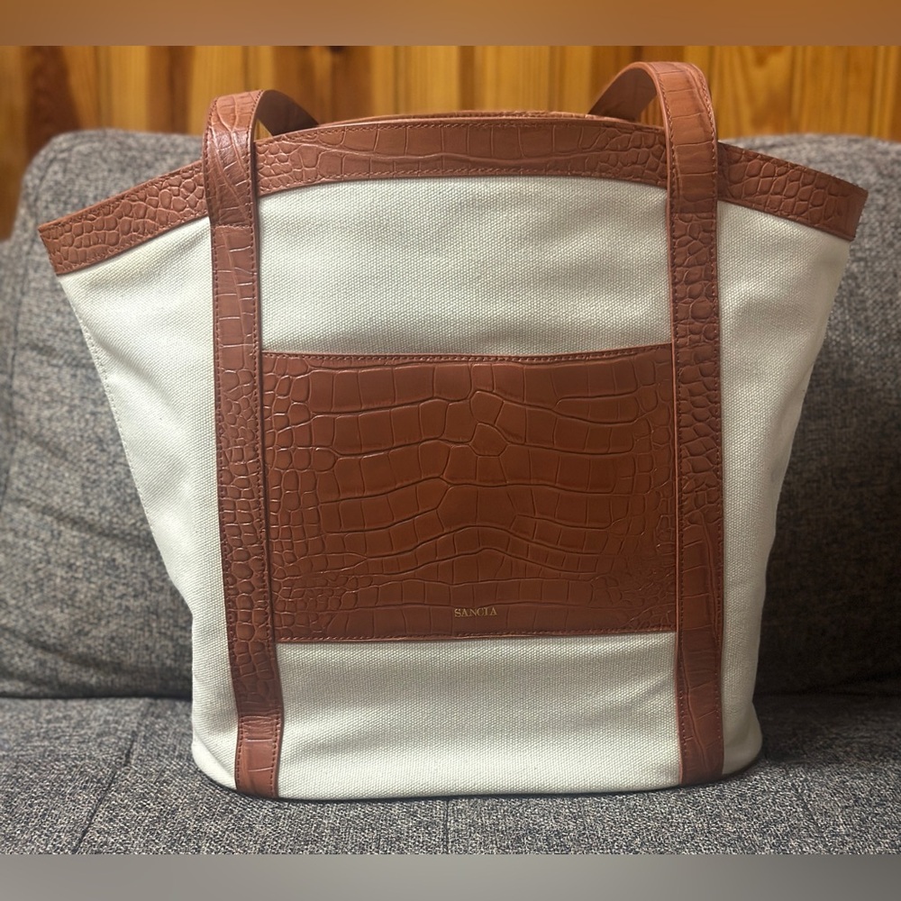 Sancia Minka Canvas and Croc Embossed Cowhide Leather Tote Bag In Cognac/White - Picture 2 of 16
